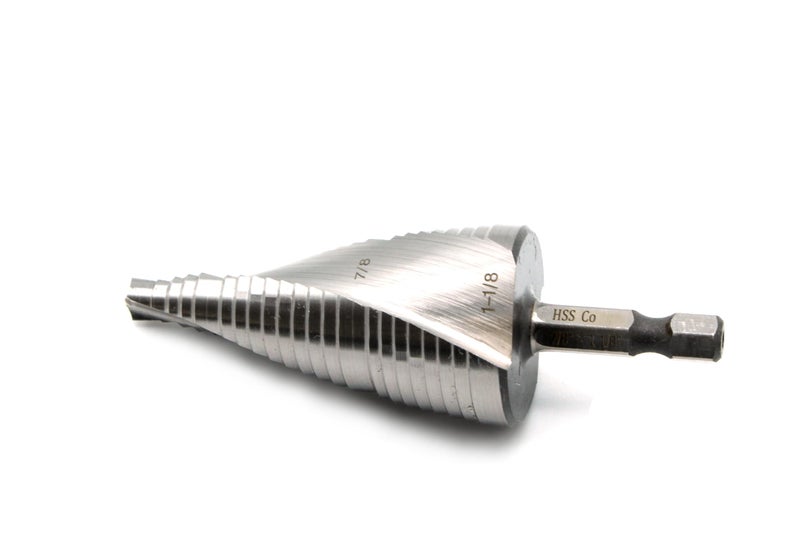 TEMO M35 Cobalt Step Drill Spiral Flute Unibit, Two Size: 7/8 Inch and 1-1/8 Inch, 1/4 Inch Hex Shank - Image 1